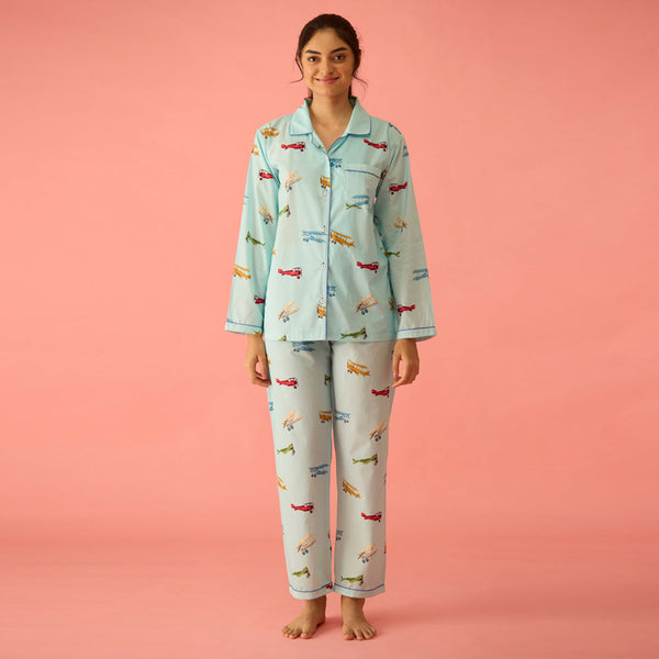Women Vintage Planes Sky Blue Pima Pajama Set