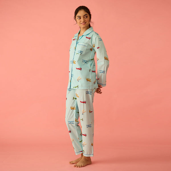 Women Vintage Planes Sky Blue Pima Pajama Set