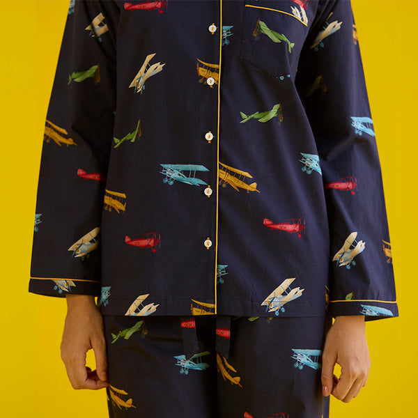 Women Vintage Planes Navy Pima Pajama Set