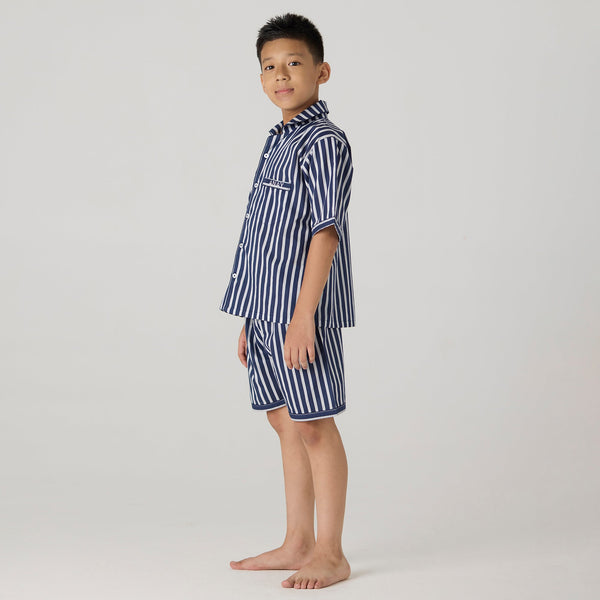 Navy Bold Striped Pima Shorts Set For Kids