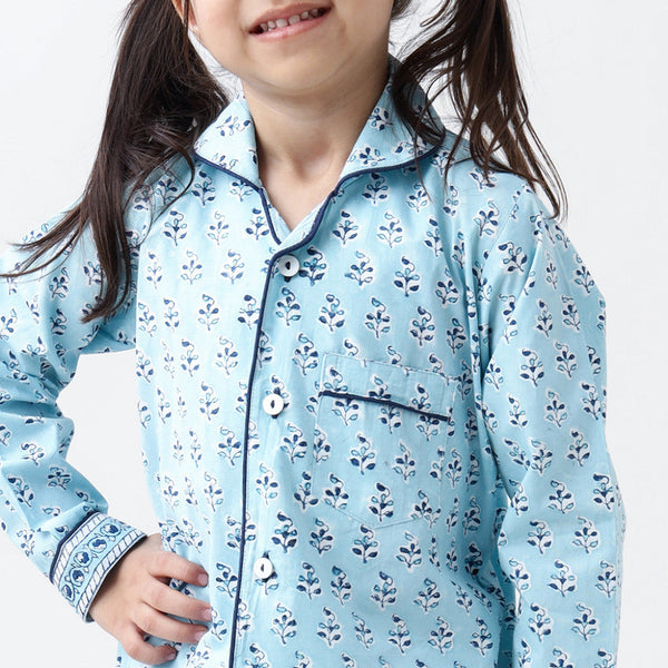 Lily Blockprint Pajama Set For Kids (English Blue)