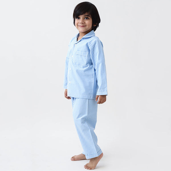 Classic Blue Gingham Pajama Set For Kids