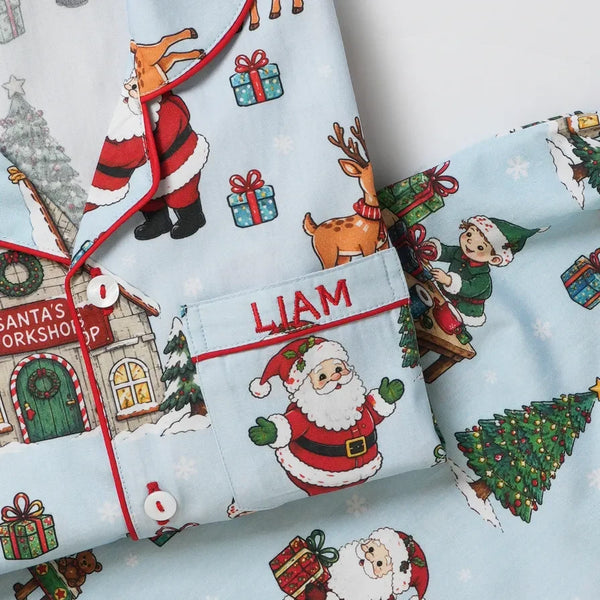 Blue Santa's Workshop Pajama Set For Kids