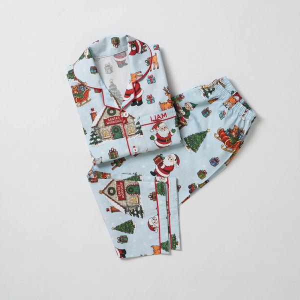 Blue Santa's Workshop Pajama Set For Kids