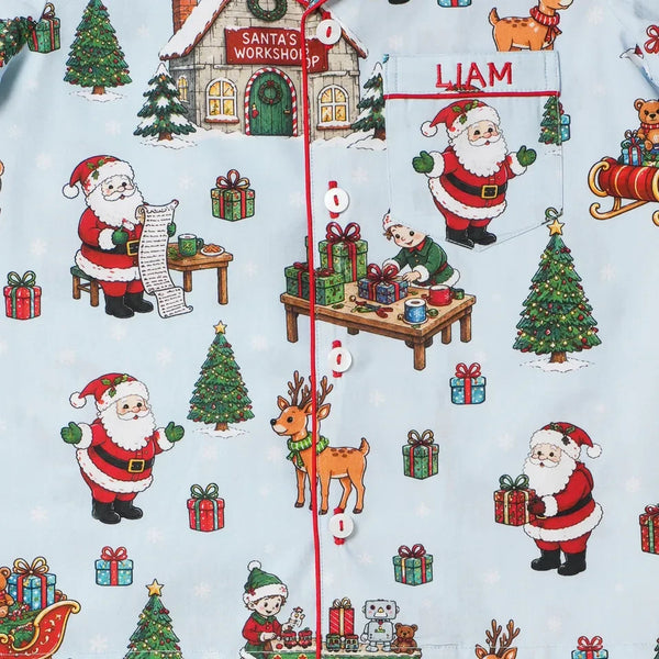 Men Blue Santa's Workshop Pajama Set