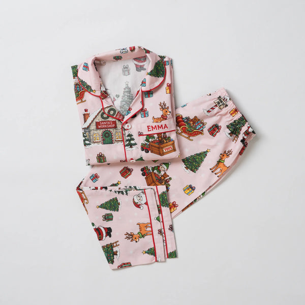 Pink Santa's Workshop Pajama Set For Kids