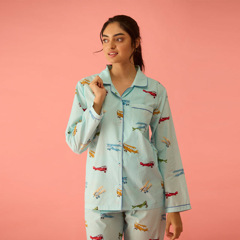 Women Vintage Planes Sky Blue Pajama Set