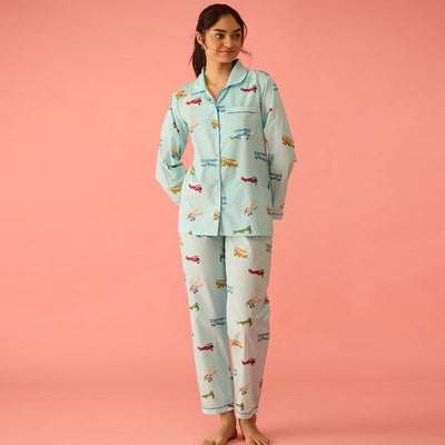 Women Vintage Planes Sky Blue Pima Pajama Set