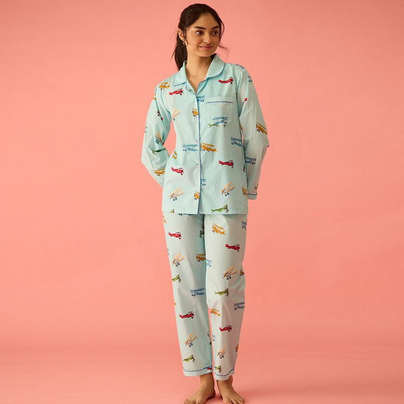 Women Vintage Planes Sky Blue Pajama Set