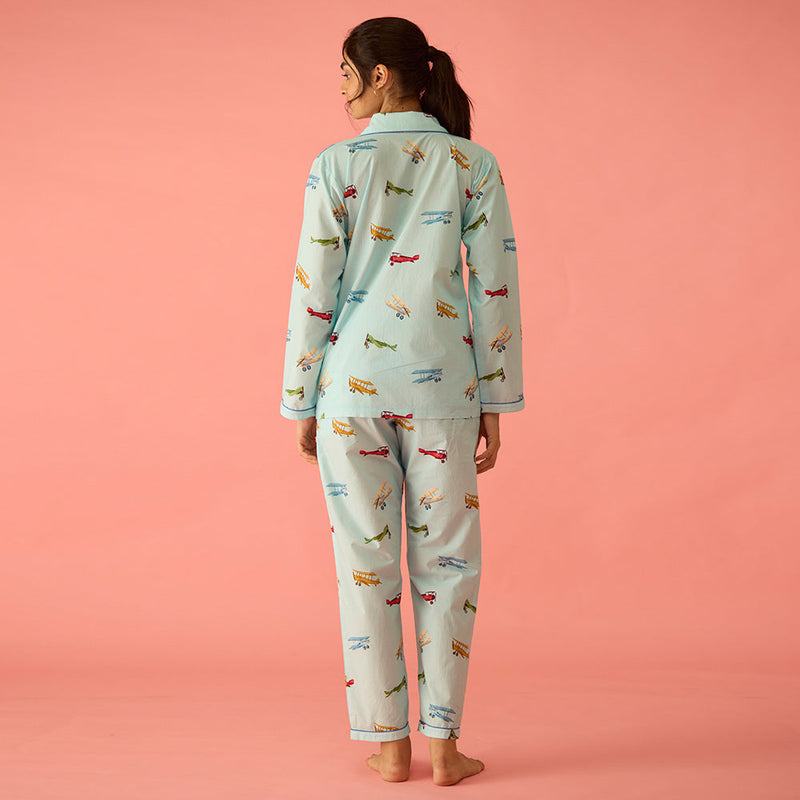 Women Vintage Planes Sky Blue Pajama Set