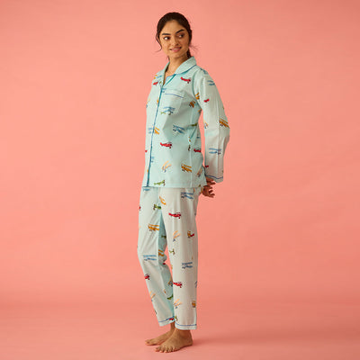 Women Vintage Planes Sky Blue Pima Pajama Set