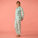 Women Vintage Planes Sky Blue Pajama Set