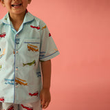 Vintage Planes Sky Blue Shorts Set For Kids