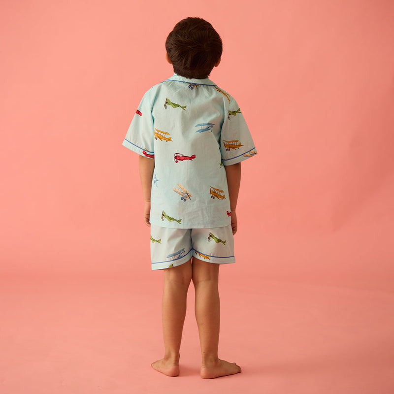 Vintage Planes Sky Blue Shorts Set For Kids