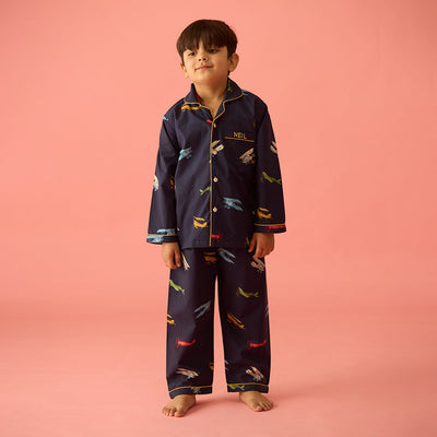 Vintage Planes Navy Pima Pajama Set For Kids