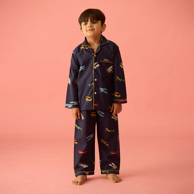 Vintage Planes Navy Pajama Set For Kids