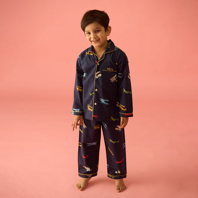 Vintage Planes Navy Pima Pajama Set For Kids