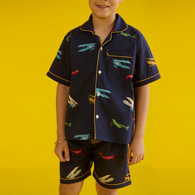 Vintage Planes Navy Pima Shorts Set For Kids