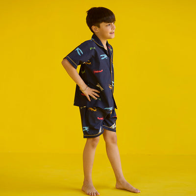 Vintage Planes Navy Pima Shorts Set For Kids