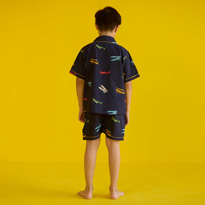 Vintage Planes Navy Pima Shorts Set For Kids