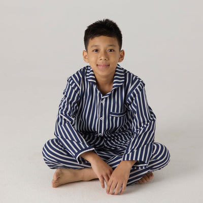 Navy Bold Striped Pima Pajama Set For Kids