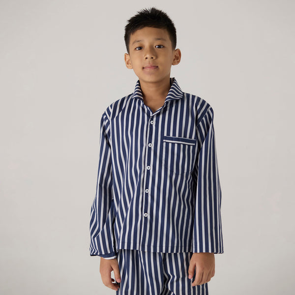 Navy Bold Striped Pima Pajama Set For Kids