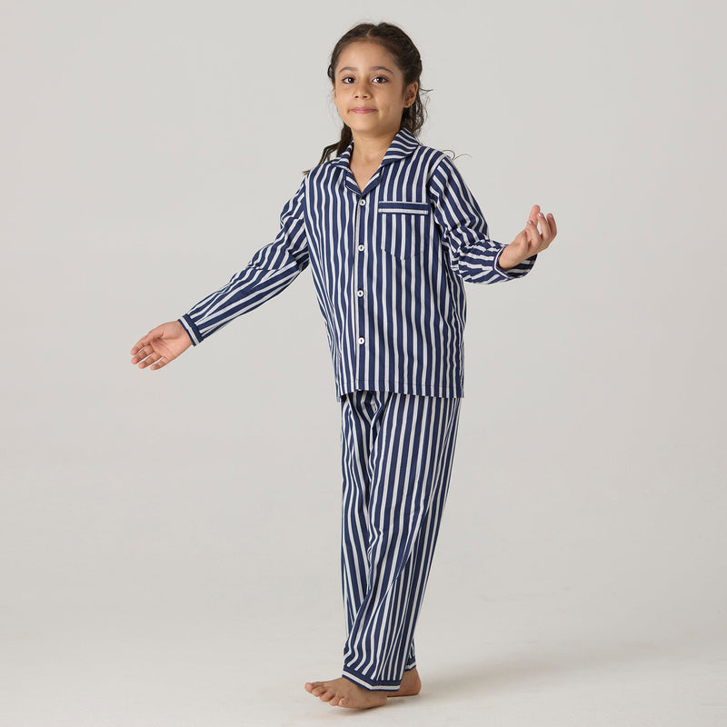 Navy Bold Striped Pima Pajama Set For Kids