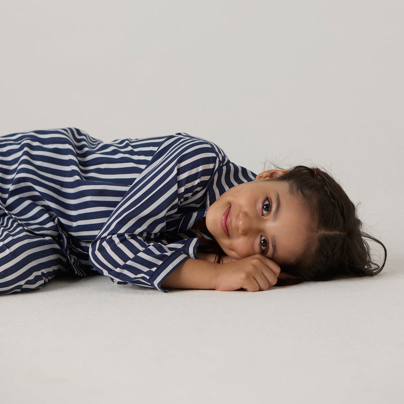 Navy Bold Striped Pima Pajama Set For Kids