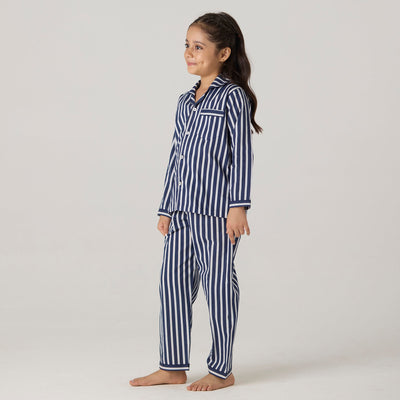 Navy Bold Striped Pima Pajama Set For Kids