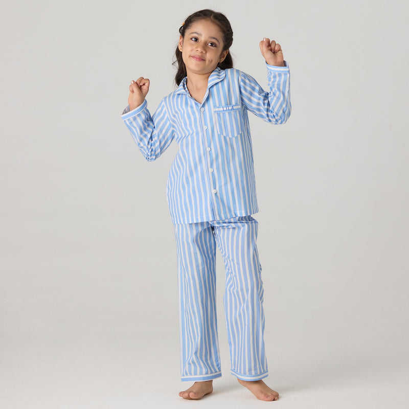 Azure Striped Pajama Set For Kids