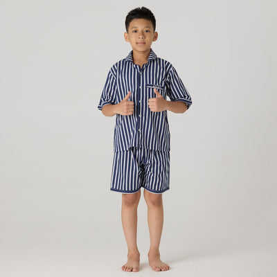 Navy Bold Striped Pima Shorts Set For Kids