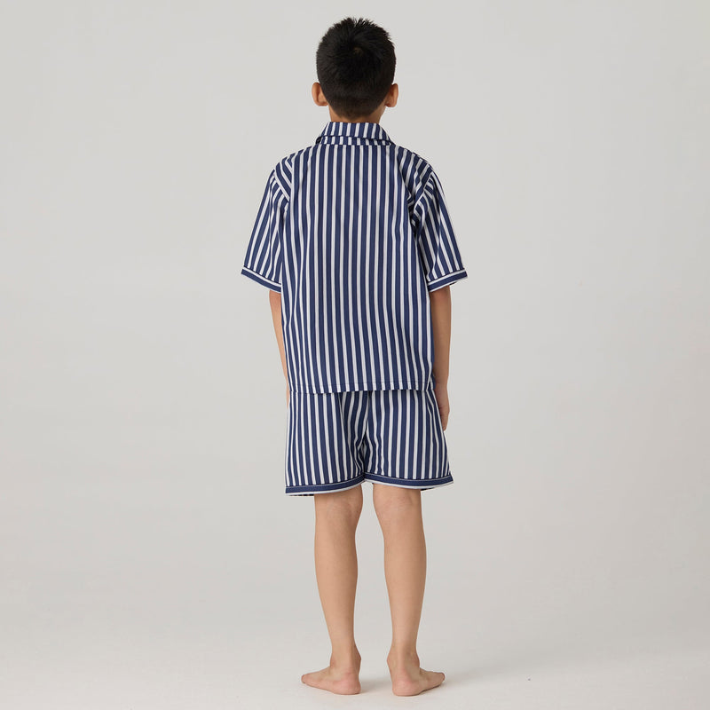 Navy Bold Striped Pima Shorts Set For Kids