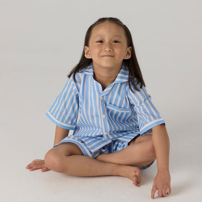 Azure Striped Pima Shorts Set For Kids