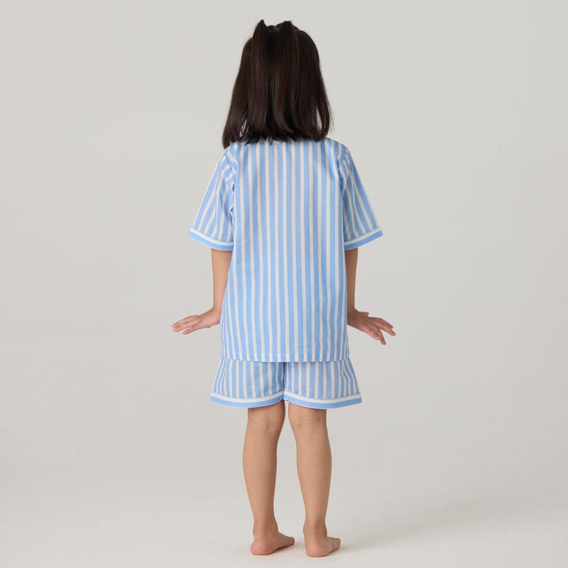 Azure Striped Pima Shorts Set For Kids