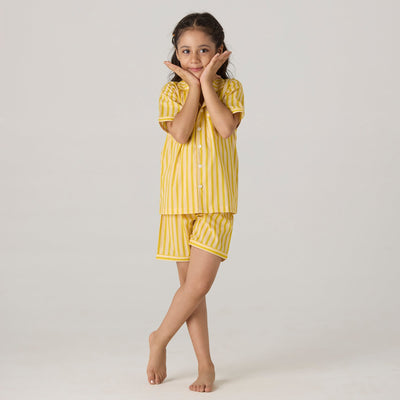 Lemon Striped Pima Shorts Set For Kids