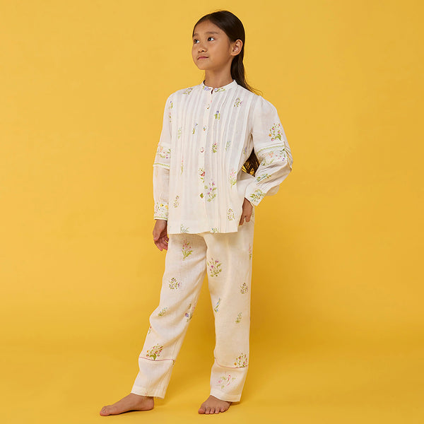 Akavi Pleated Floral Linen Co-ord Set - White
