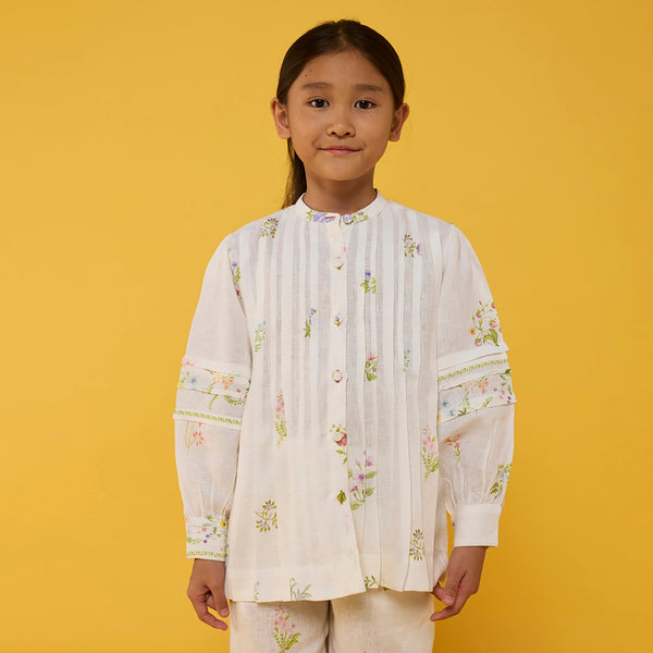Akavi Pleated Floral Linen Co-ord Set - White
