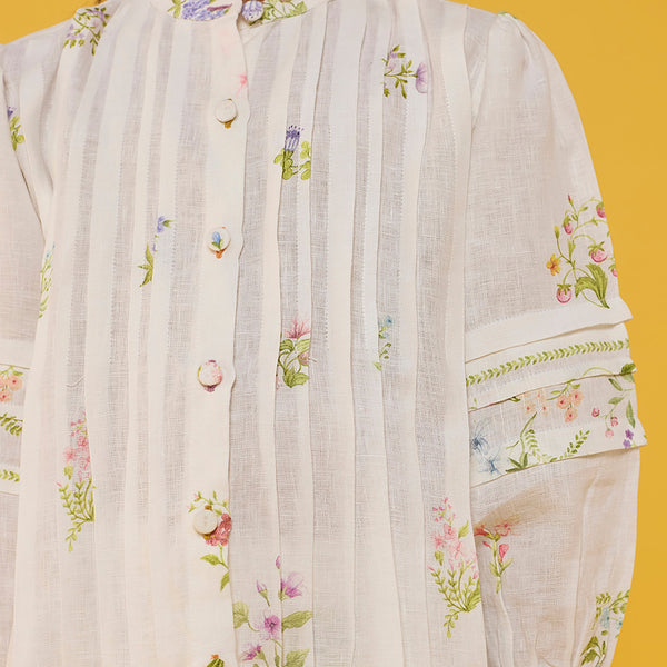 Akavi Pleated Floral Linen Co-ord Set - White