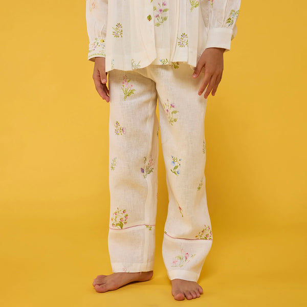 Akavi Pleated Floral Linen Co-ord Set - White