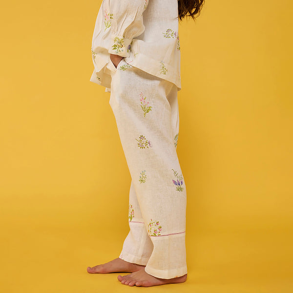 Akavi Pleated Floral Linen Co-ord Set - White