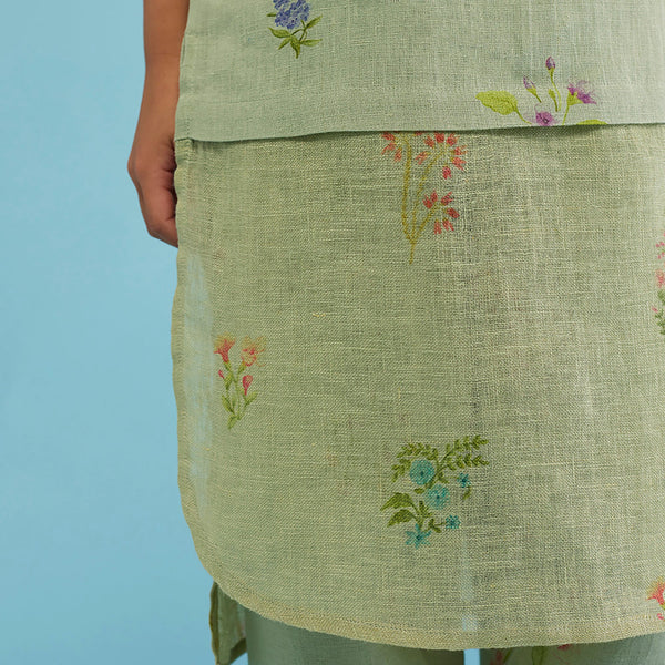 Aneya Patchwork Floral Linen Kurta Set - Mint