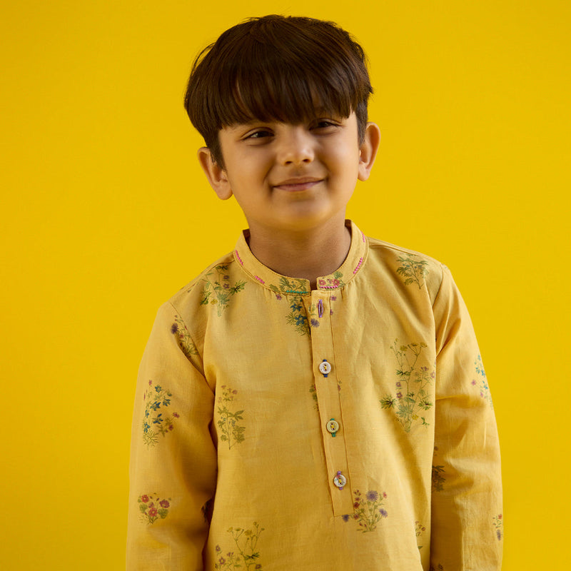 Kash Floral Linen Kurta - Mustard