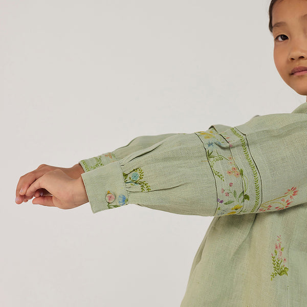 Akavi Pleated Floral Linen Shirt - Mint