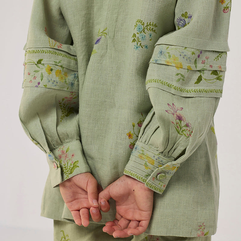 Akavi Pleated Floral Linen Shirt - Mint