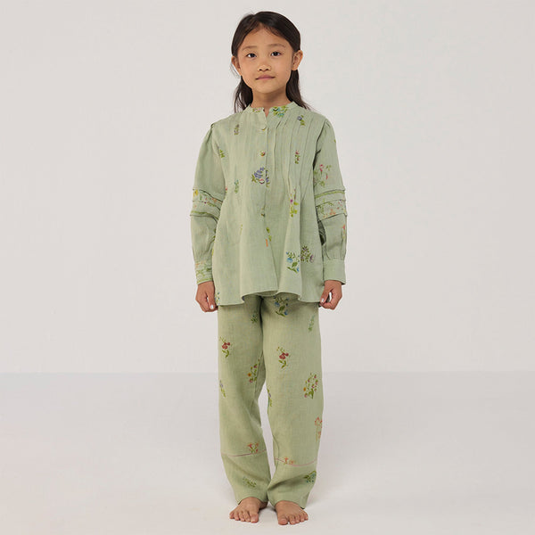 Akavi Pleated Floral Linen Shirt - Mint