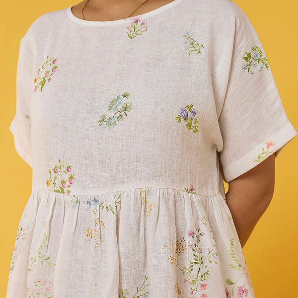 Rasa Floral Printed Sheer Linen Dress - White