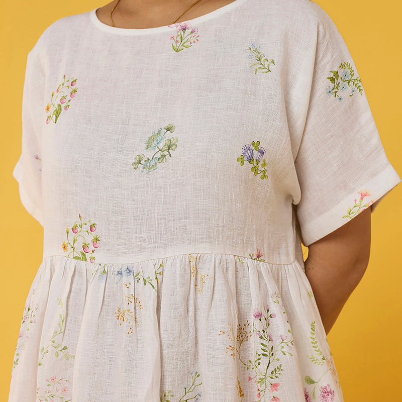Rasa Floral Printed Sheer Linen Dress - White