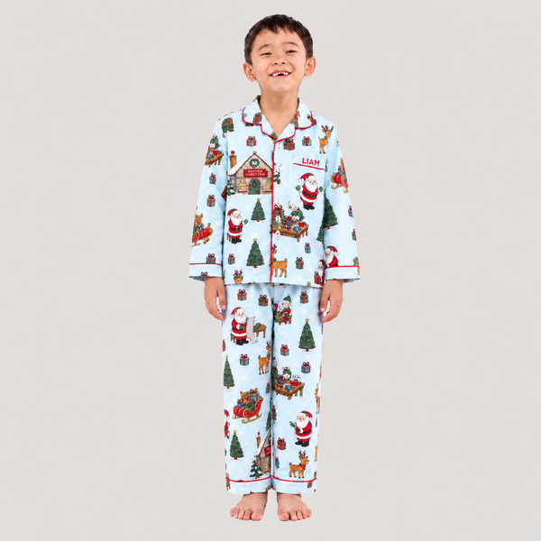Blue Santa's Workshop Pajama Set For Kids