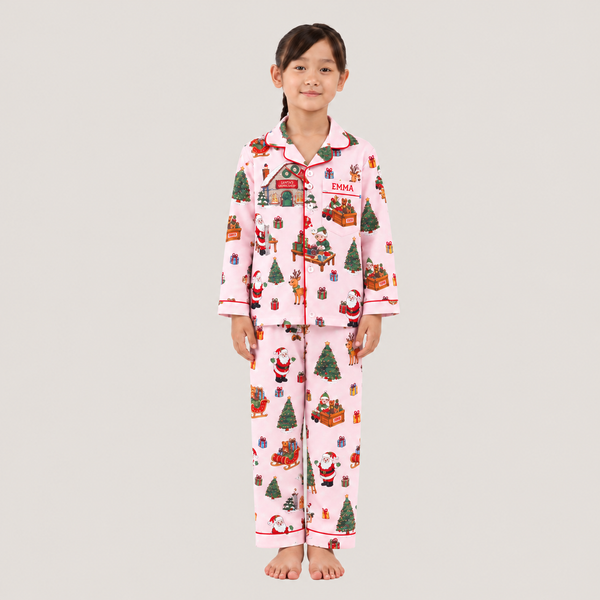 Pink Santa's Workshop Pajama Set For Kids