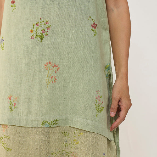 Aneya Patchwork Floral Linen Kurta Set - Mint